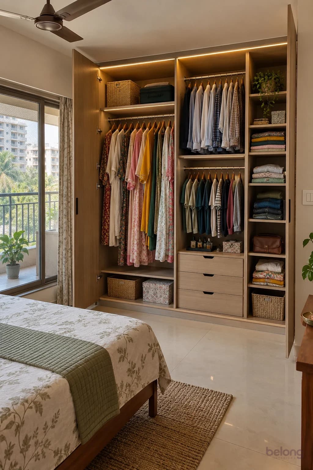 An open wardrobe with long and short hanging sections, shelves, shallow drawers and a strip light.