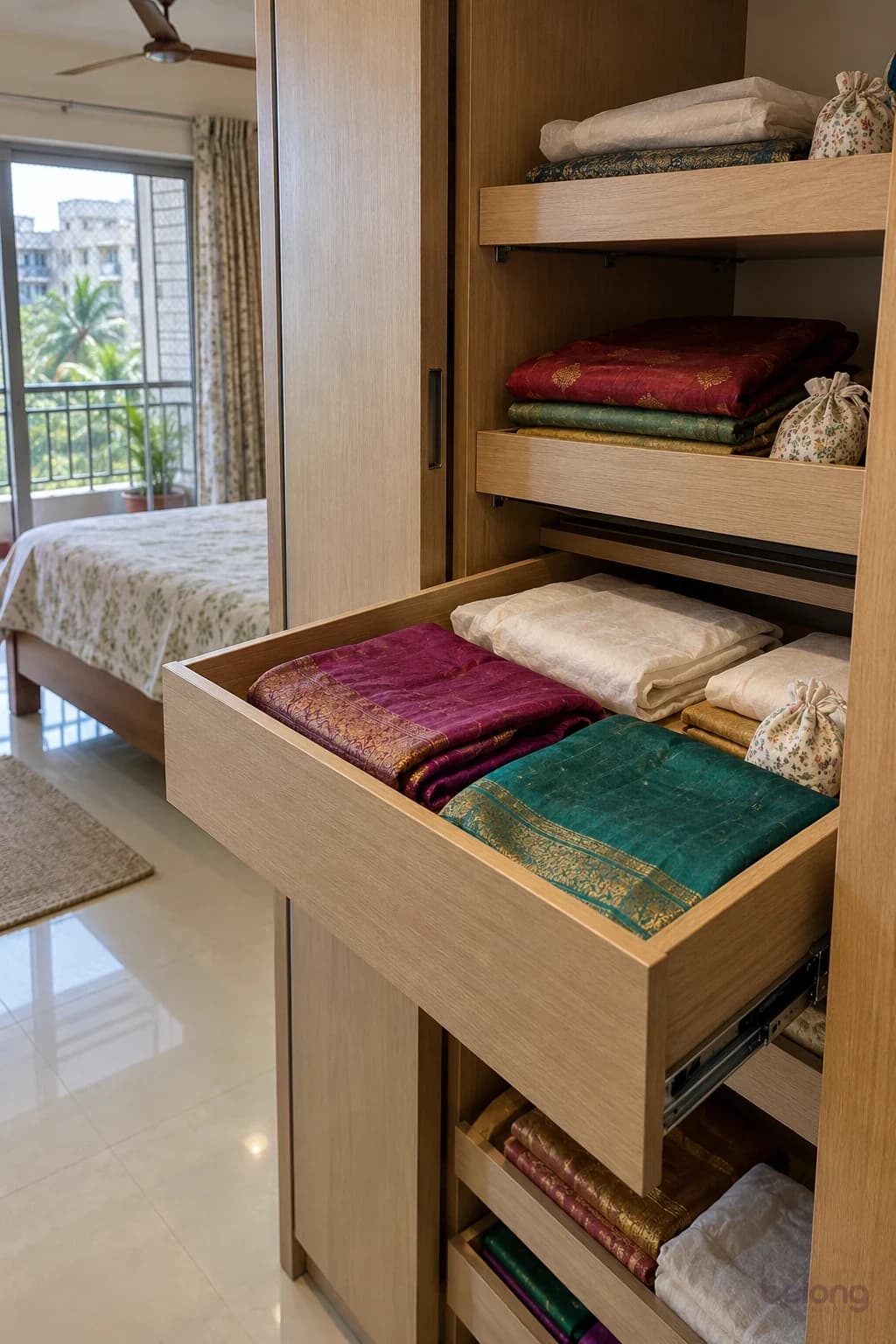 Shallow pull-out wardrobe trays holding folded silk sarees wrapped in white cotton.
