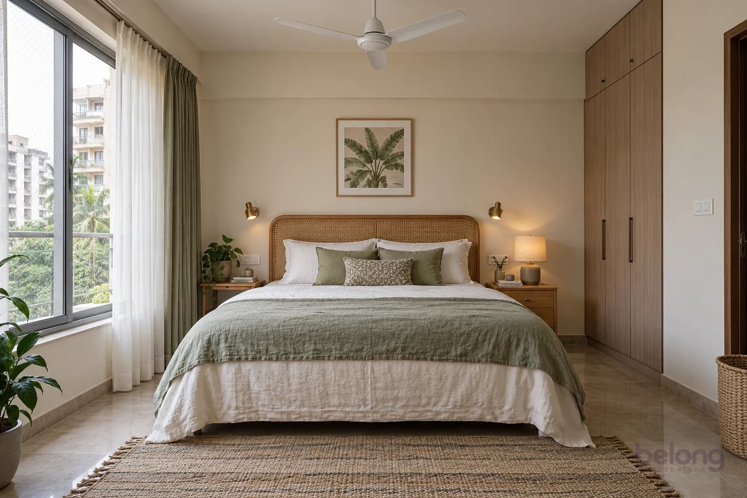 Straight-on view of a bed with a cane headboard and wall lights, a curtained window on the left, a bedside table and a rug.