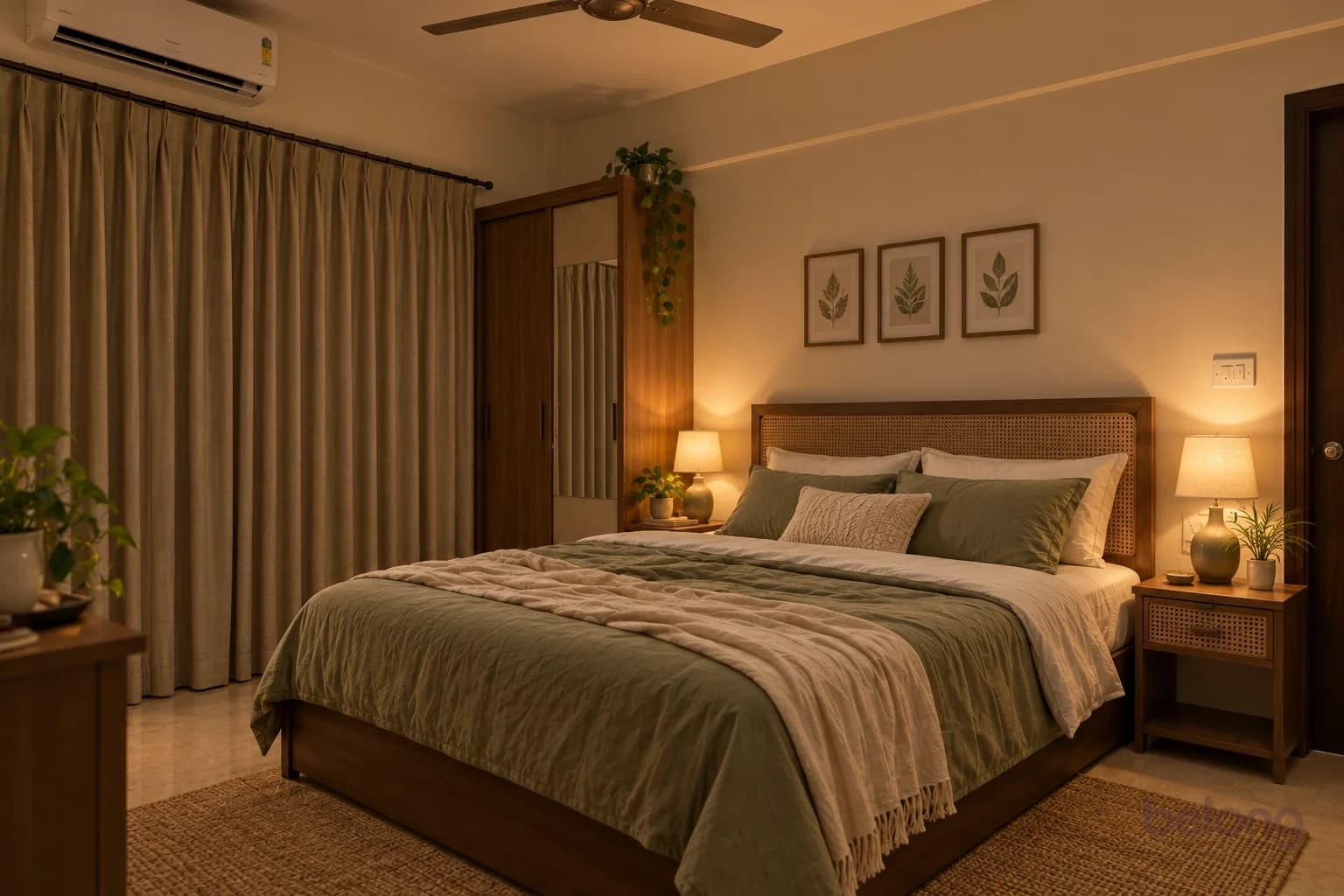 The same bedroom after: warm bedside lamps, blackout curtains, the AC repositioned away from the pillows, linen bedding and clear surfaces.