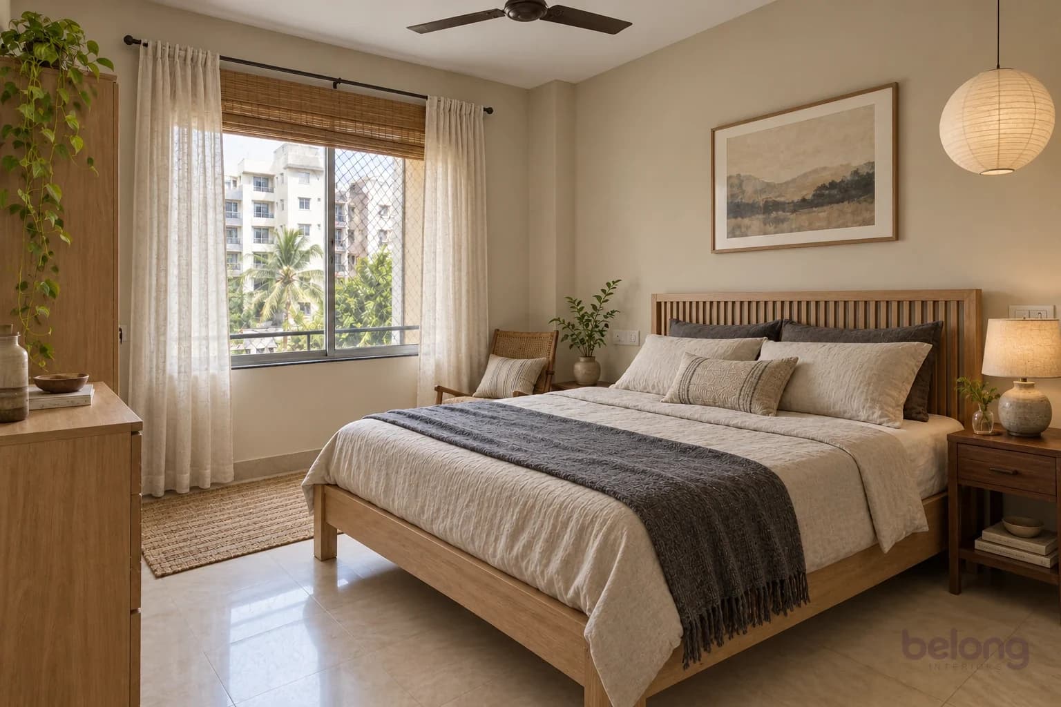 The same bedroom after: a low oak bed, oat and charcoal linen, a slatted headboard, a paper pendant and clear surfaces.