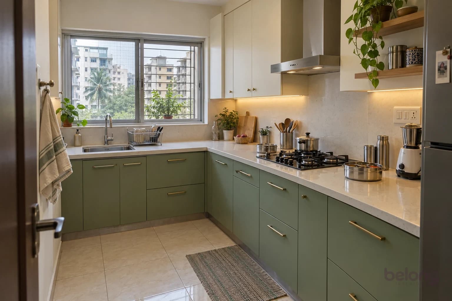 L-shaped kitchen with sage drawers, a pale stone counter, a sink below the window and a chimney above the hob
