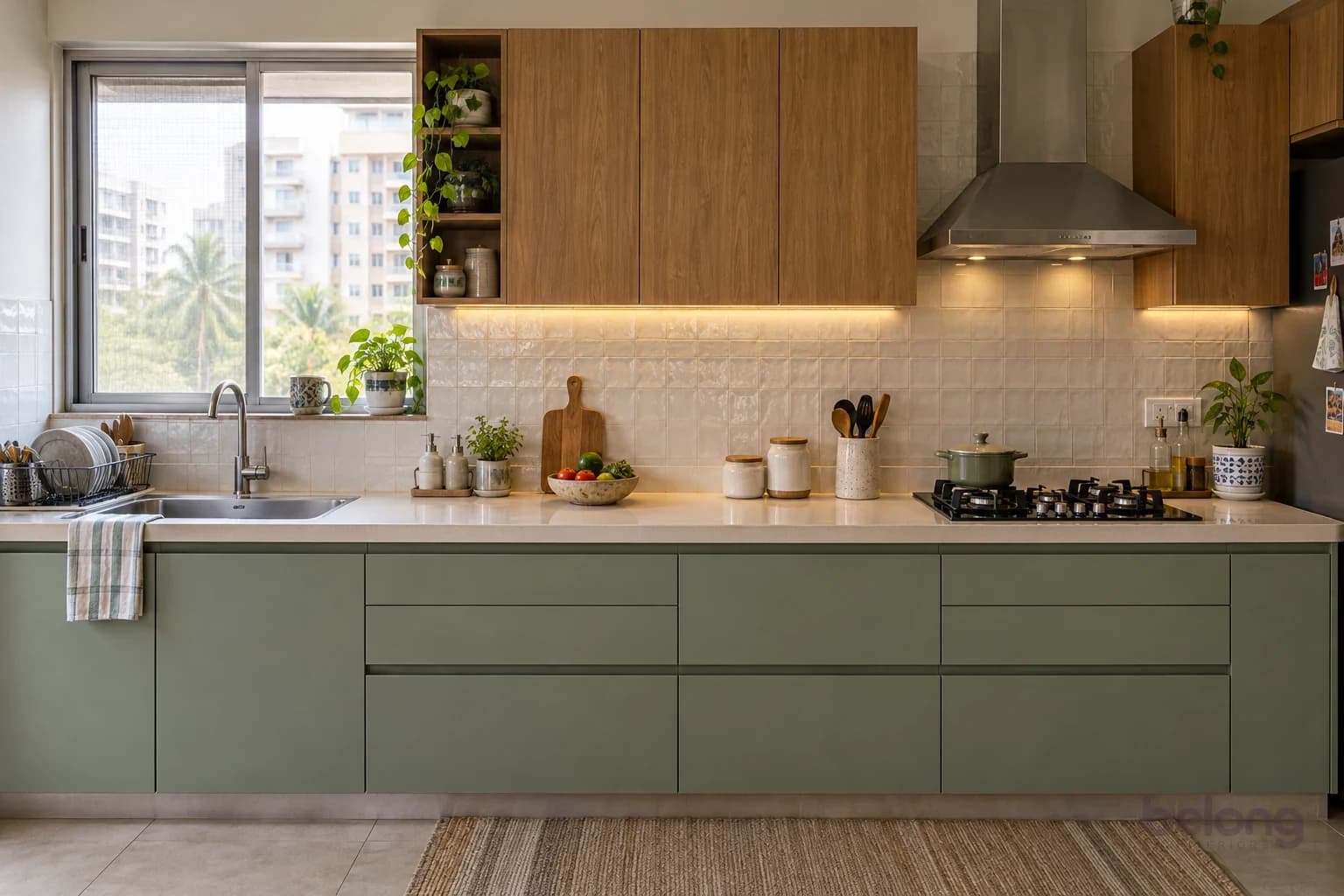 Straight-on view of a kitchen run with a sink under a window on the left, a stone counter and tiled backsplash in the centre, and a hob with a chimney on the right.