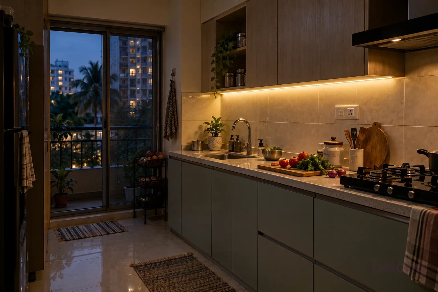Evening kitchen with warm strip lights under the wall cabinets lighting the counter evenly.