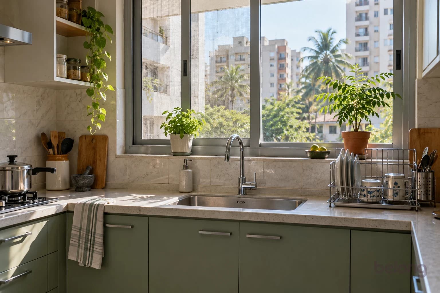 Kitchen sink beneath a sunny window with a herb pot on the sill and a drying rack.