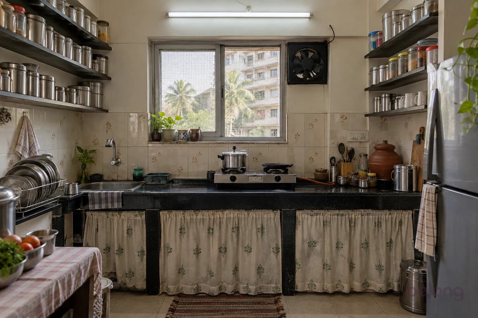 A tired old kitchen before: a granite slab on brick, curtains under the counter, open shelves crowded with vessels and one tube light.