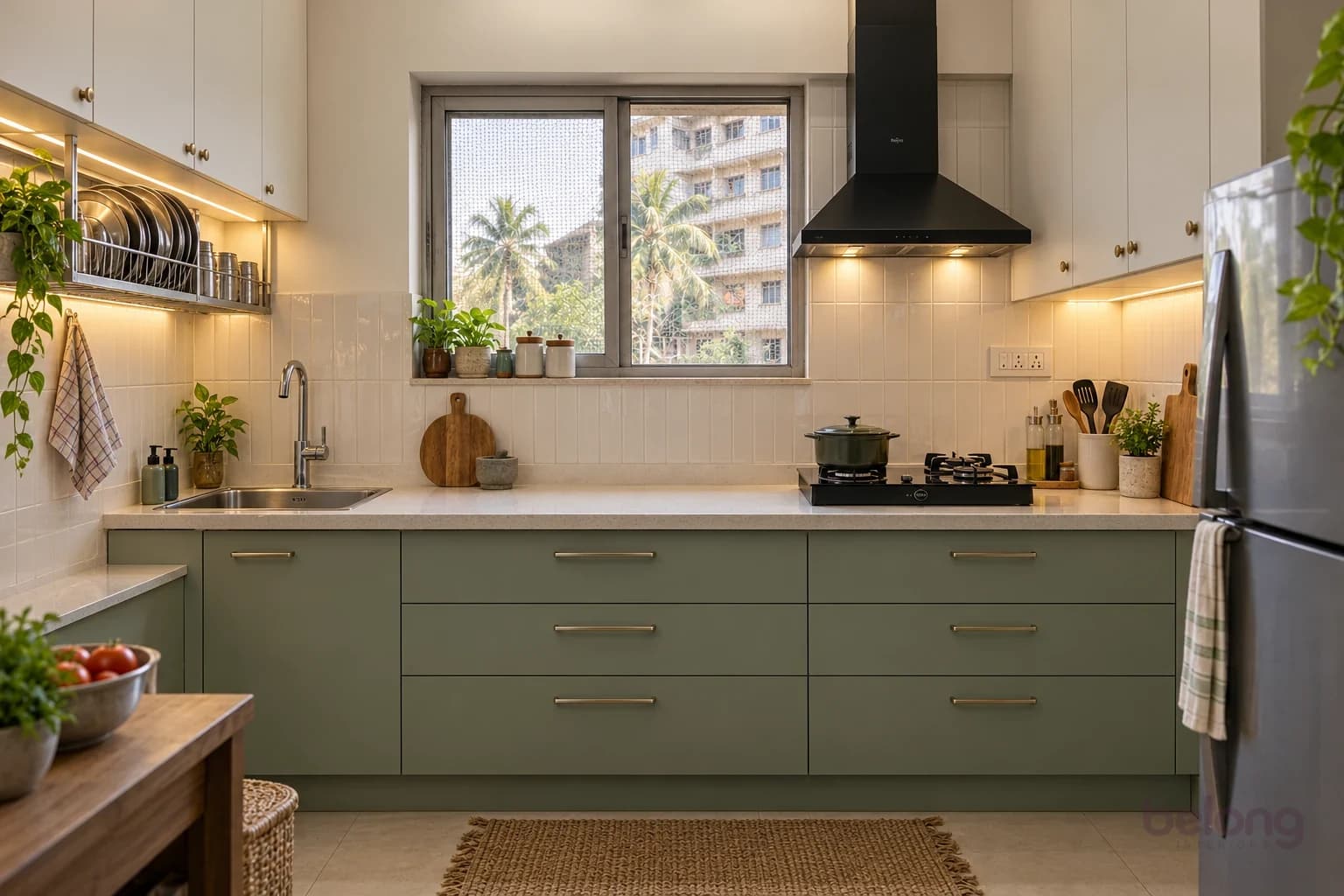 The same kitchen after: sage drawers, a pale stone counter, a built-in hob and chimney, wall cabinets, under-cabinet lights and clear counters.