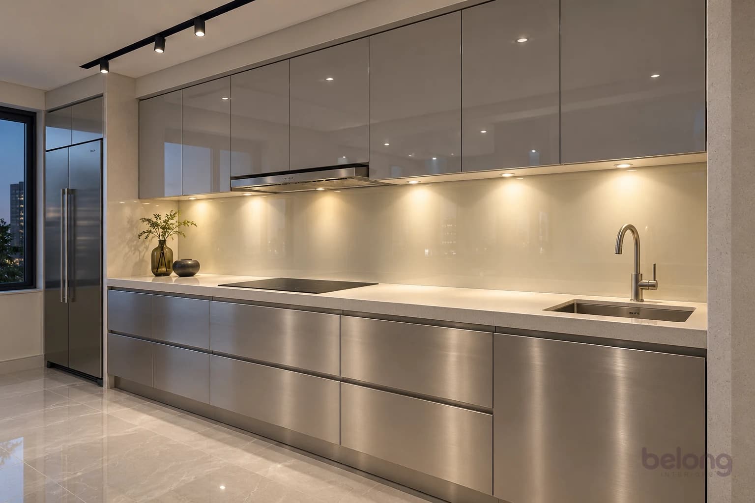 Silver-grey gloss with a luminous quartz niche, compact straight kitchen with pristine new cabinetry and layered architectural lighting.