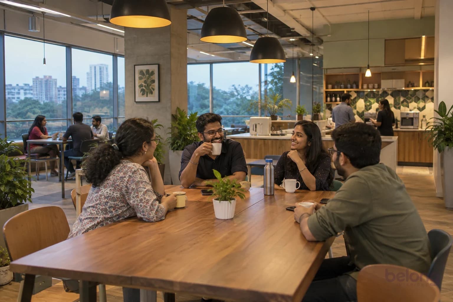 An office café in the evening with warm pendant lights over a long table.