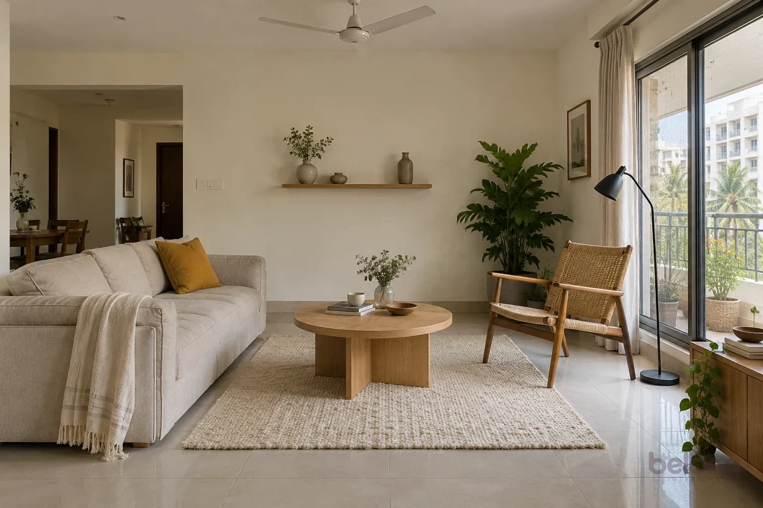 Scandinavian living room with a linen sofa and cotton throw on the left, an oak coffee table on a cotton rug, a paper-cord armchair on the right and ceramics on a wall shelf.