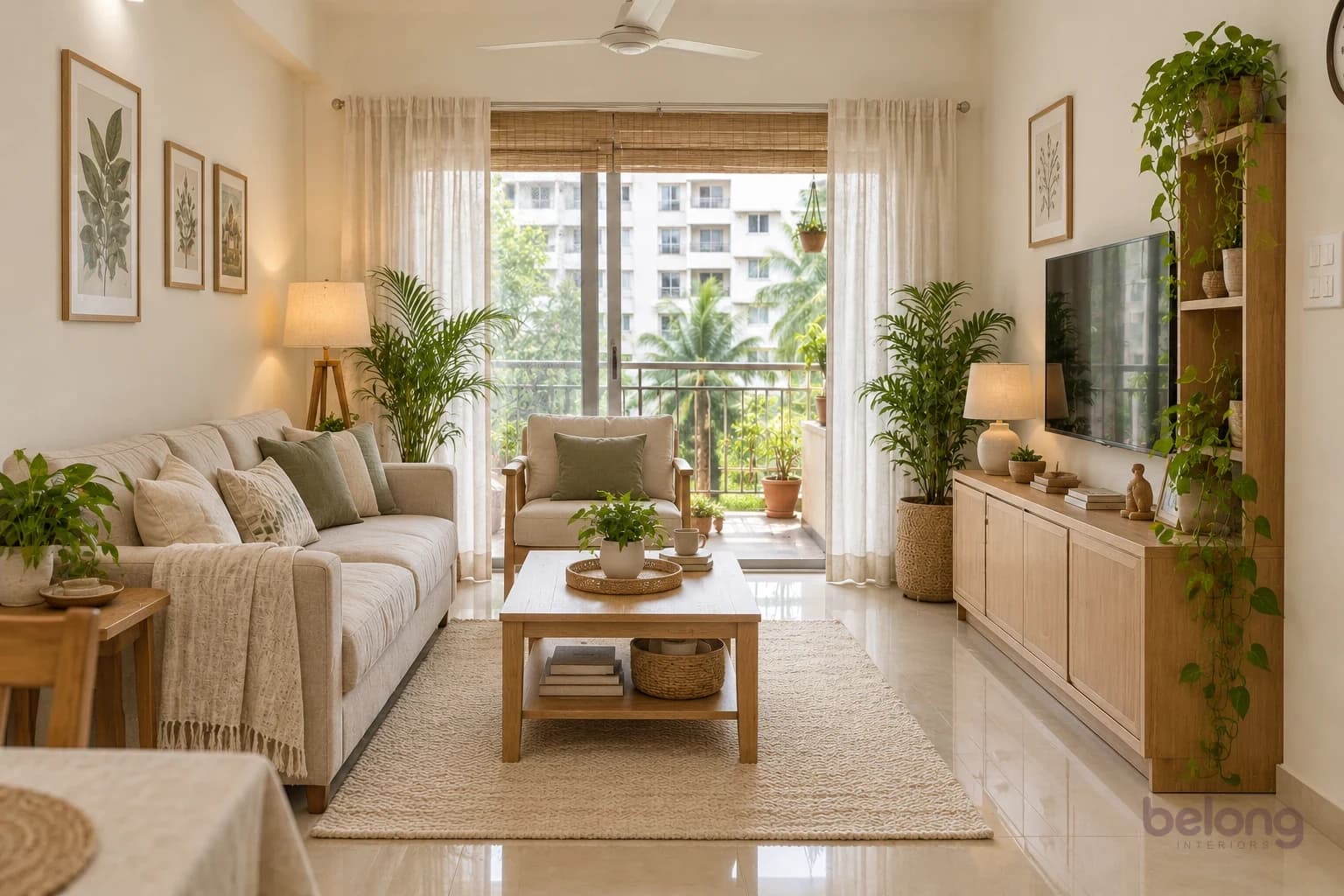 The same living room after: warm white walls, light oak furniture, an oat linen sofa, sheer cotton curtains with blinds, a cotton rug, warm lamps and plants.