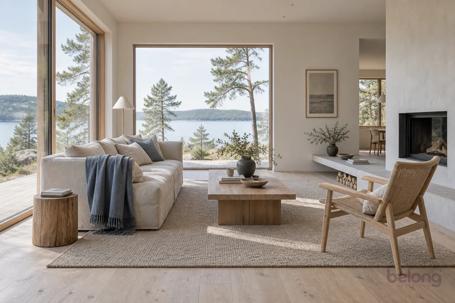 Light Scandinavian living room with pale wood and soft textiles