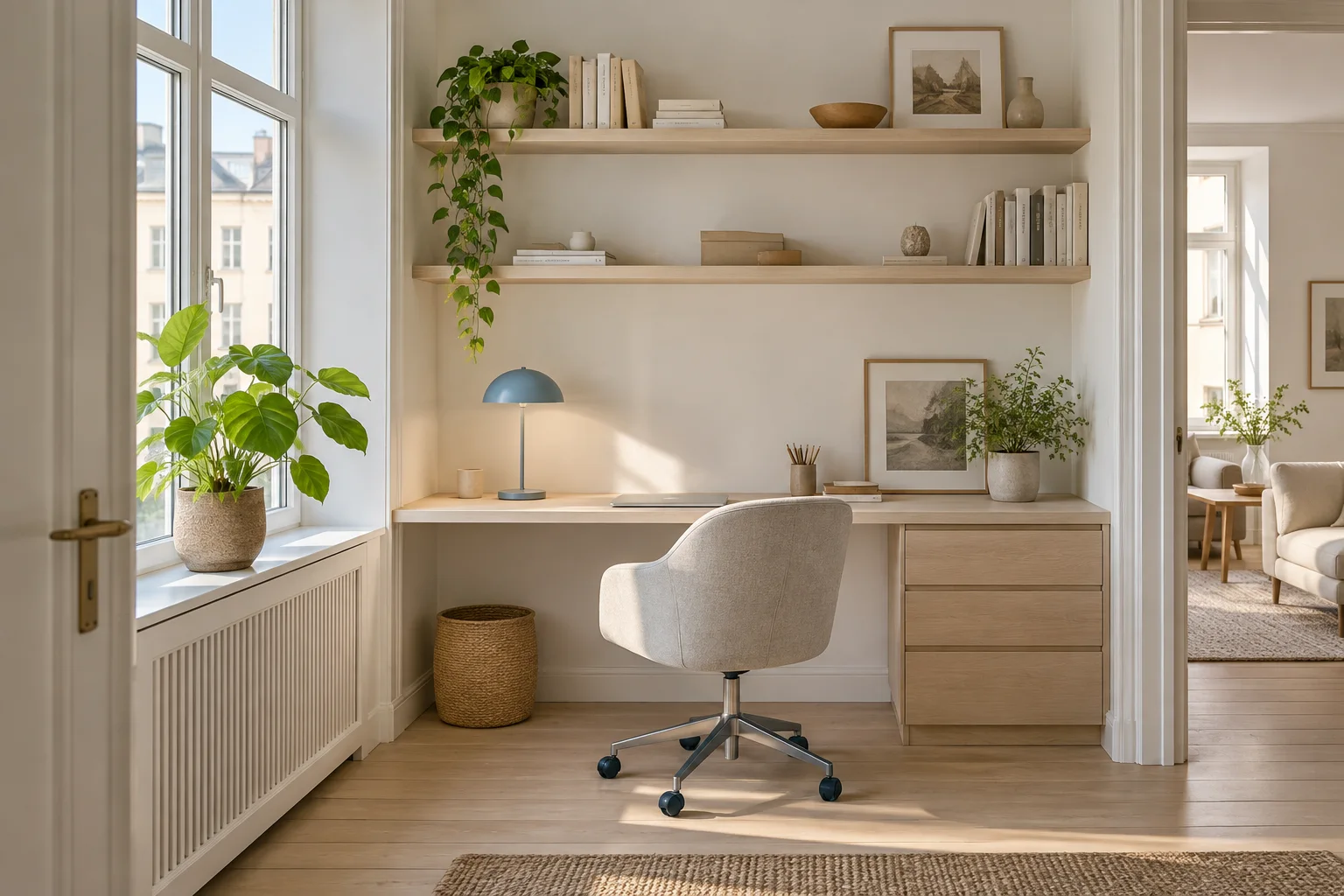 Home office nook with a pale wood desk, upholstered swivel chair, open shelves, blue lamp and leafy plants.