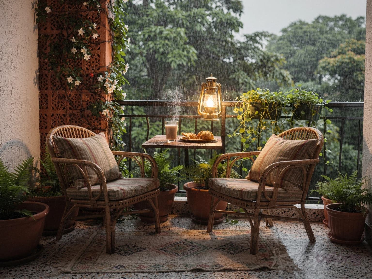 Small balcony with cane chairs, a teak ledge and a jaali screen, with rain beyond the railing