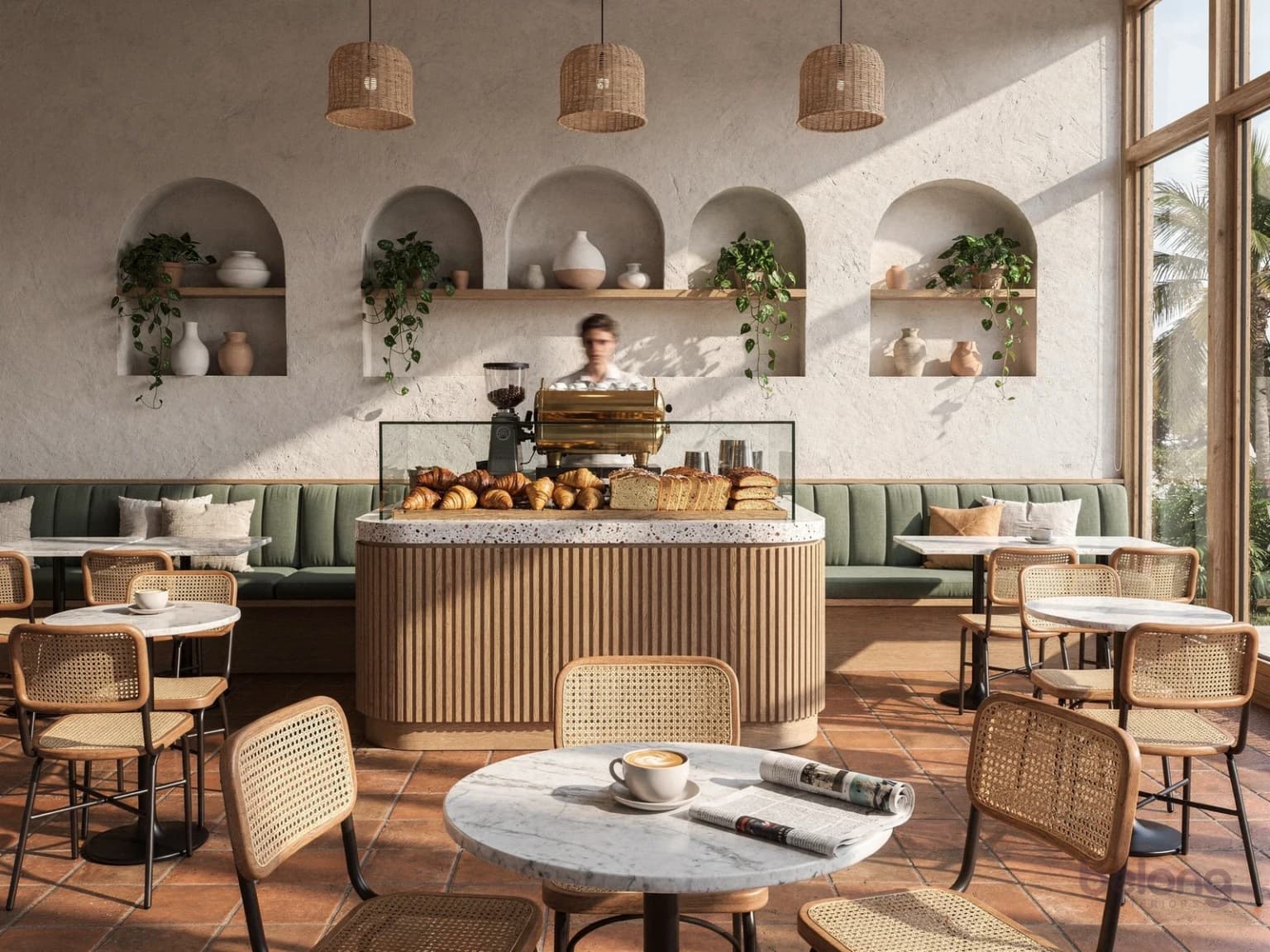 Morning café with a fluted oak counter, a pastry case, cane chairs and a terracotta floor