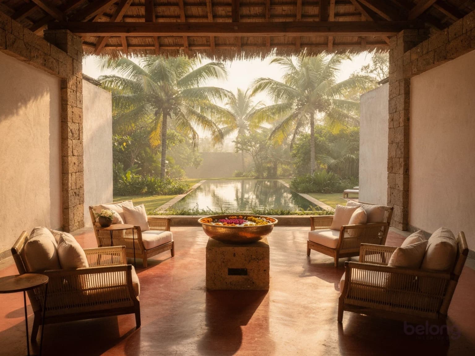Resort lobby with a teak ceiling, cane lounge chairs, a brass urli and a palm courtyard pool