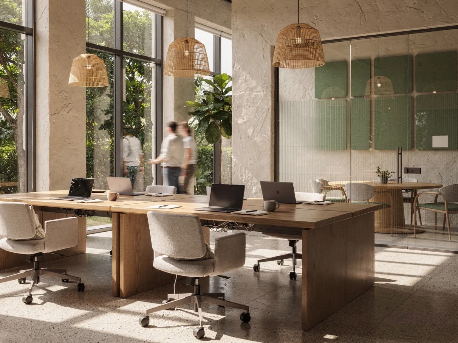 Sunlit office with oak bench desks, a fluted-glass meeting room and sage acoustic panels