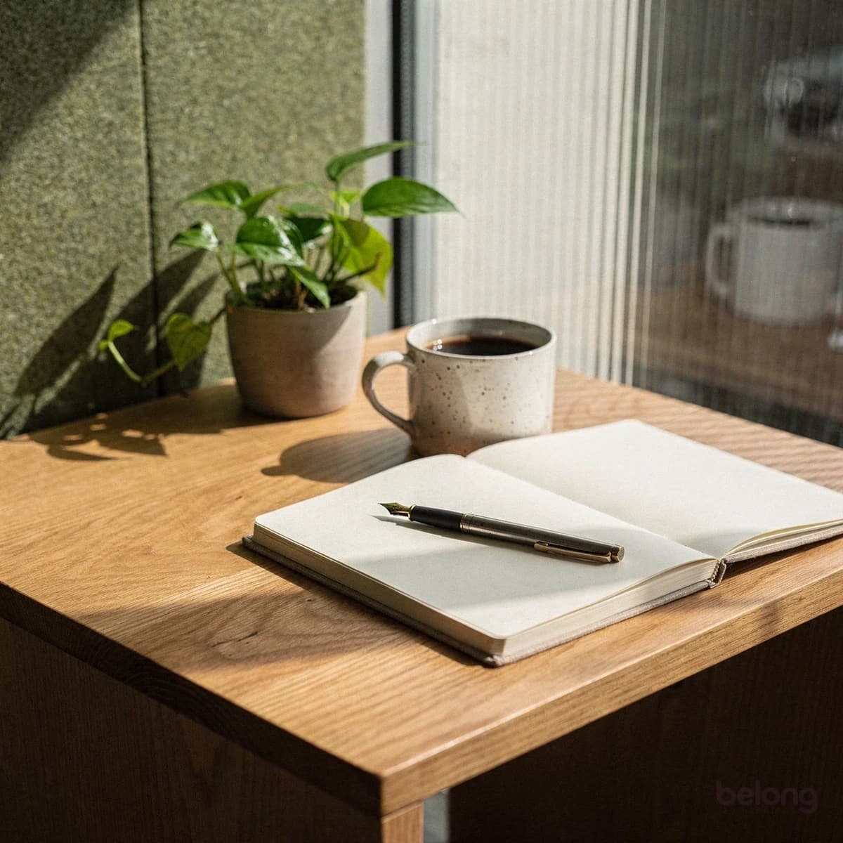 Open notebook and a mug of filter coffee on an oak desk
