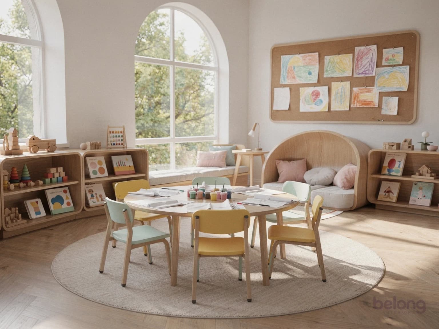 Preschool classroom with pastel child-size chairs, low oak shelves and an arched window