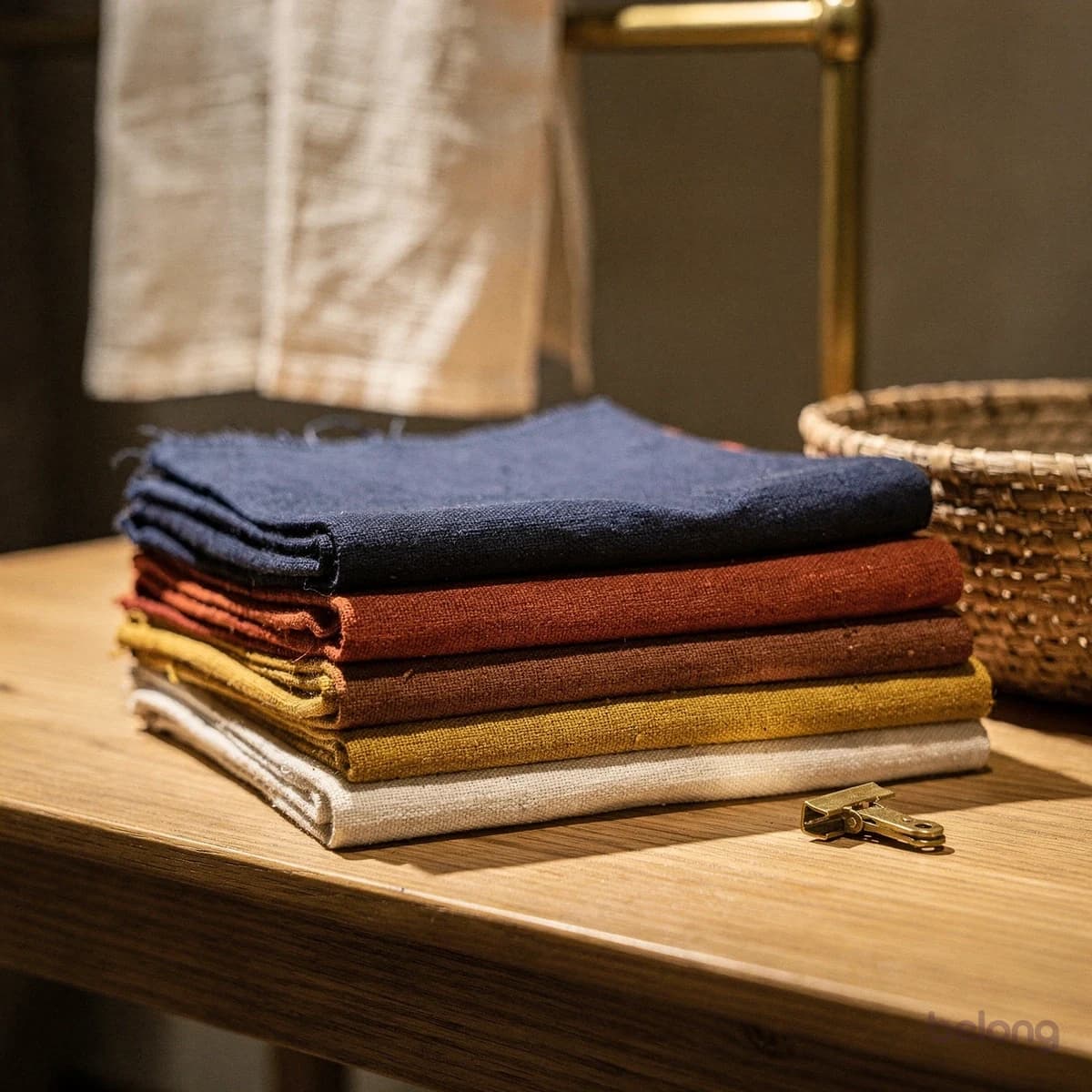 Folded handloom fabrics on an oak display table
