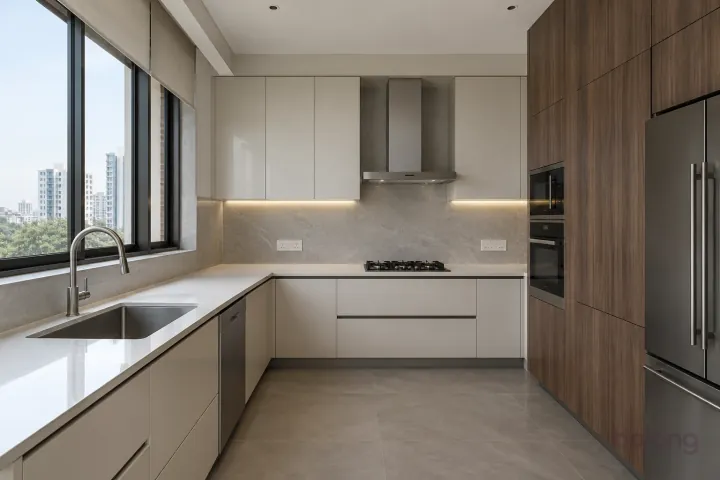 New modern wide stainless undermount sink and pull-down mixer in pearl white and smoked eucalyptus, with white quartz worktops and pale grey porcelain slab.