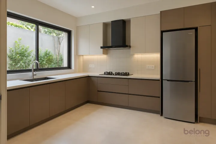 New modern compact L-shaped kitchen in cocoa brown and linen, with ivory quartz worktops and warm-white square tiles with matching grout.