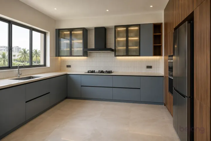 New modern compact L-shaped kitchen in blue grey and warm walnut, with ivory quartzite-look porcelain worktops and warm-white vertical stacked ceramic tiles.