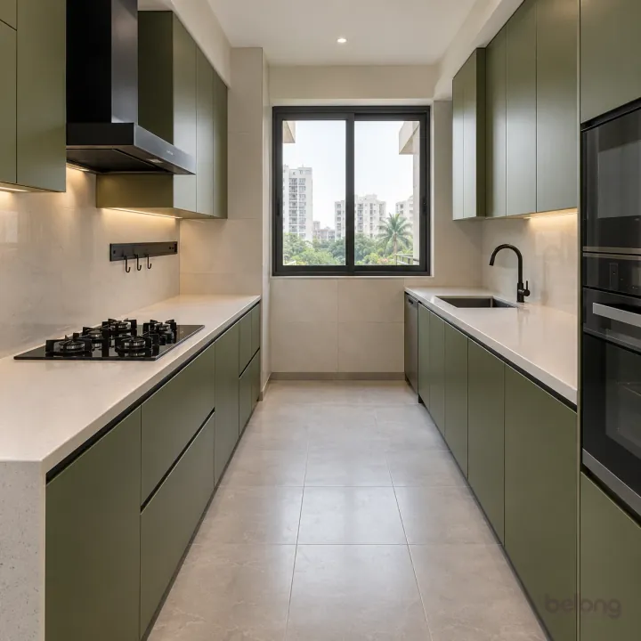 Olive galley with a recessed steel rail, with olive green and matte white tile finishes, precise fitted joinery and pristine surfaces in a contemporary Indian home.