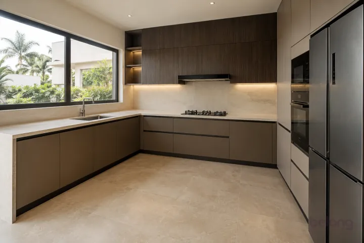 New modern compact L-shaped kitchen in espresso and mocha, with cream quartzite-look porcelain worktops and warm off-white large slab backsplash.