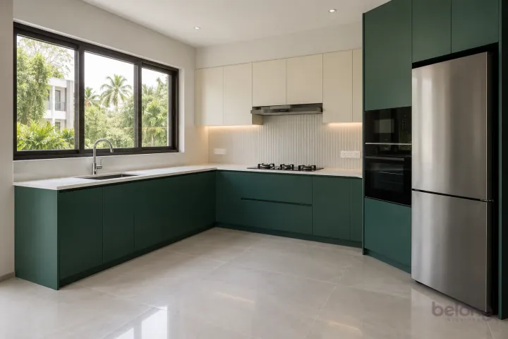 New modern compact L-shaped kitchen in emerald and ivory, with white marble-look sintered stone worktops and pale ivory vertical finger tiles.