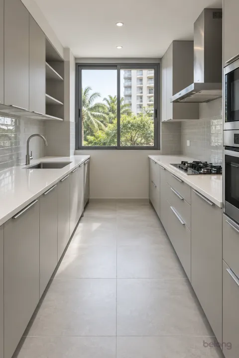 Dove-grey galley with a window at the end, with dove grey and white quartz finishes, precise fitted joinery and pristine surfaces in a contemporary Indian home.