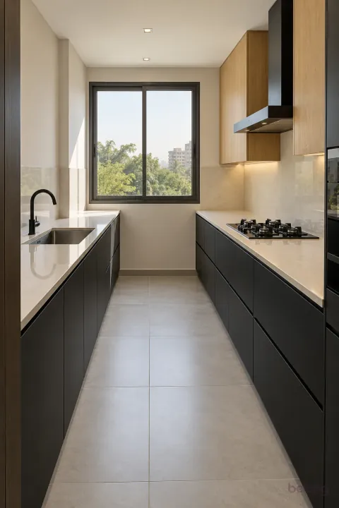 Matte black and oak galley with pale walls, with matte black and warm white stone finishes, precise fitted joinery and pristine surfaces in a contemporary Indian home.