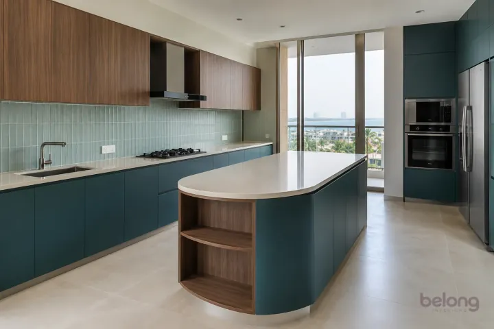 New modern island with open end storage in petrol teal and walnut, with pale ivory quartz worktops and pale blue-green vertically stacked ceramic tiles.