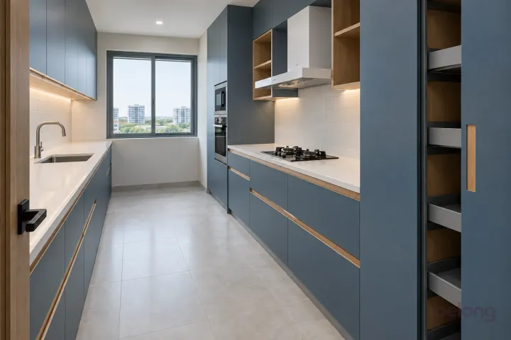 Slate-blue galley with a sliding-door larder, with slate blue and soft white finishes, precise fitted joinery and pristine surfaces in a contemporary Indian home.
