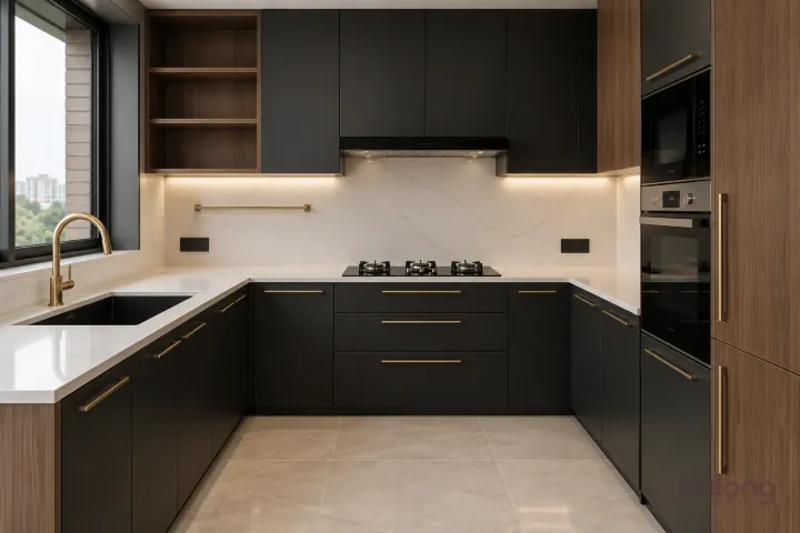 Black and walnut with brushed brass details, with matte black and white quartz finishes, precise fitted joinery and pristine surfaces in a contemporary Indian home.
