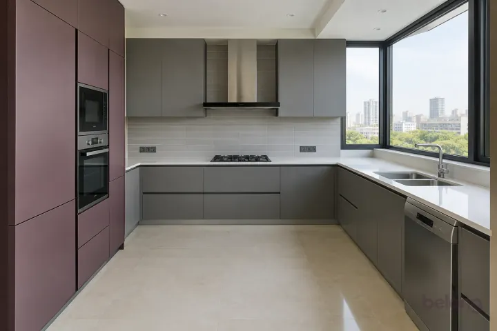 New modern double-bowl family sink in storm grey and muted plum, with white quartz worktops and pale grey rectangular ceramic tiles with slim grout.