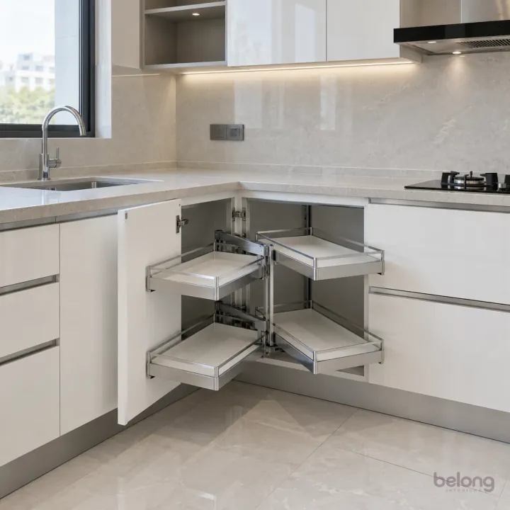 White L-shape with an empty corner pull-out, with gloss white and pale grey quartz finishes, precise fitted joinery and pristine surfaces in a contemporary Indian home.