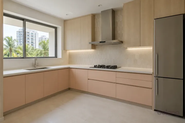 New modern compact L-shaped kitchen in peach and bleached oak, with warm-white quartz worktops and ivory elongated hexagonal porcelain tiles.