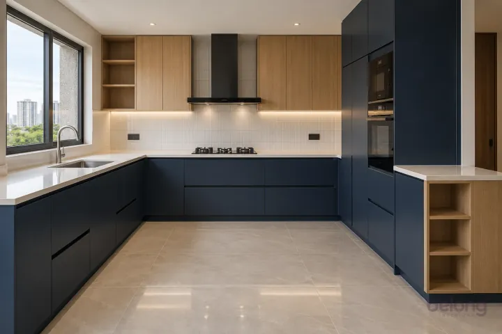 Navy L-shape with an oak-lined prep return, with deep navy and warm white quartz finishes, precise fitted joinery and pristine surfaces in a contemporary Indian home.