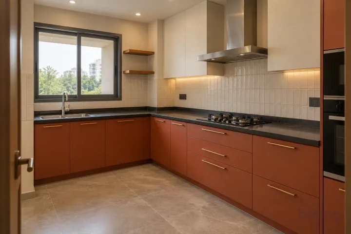 Rust red L-shape with a black granite top, with rust red and black granite finishes, precise fitted joinery and pristine surfaces in a contemporary Indian home.