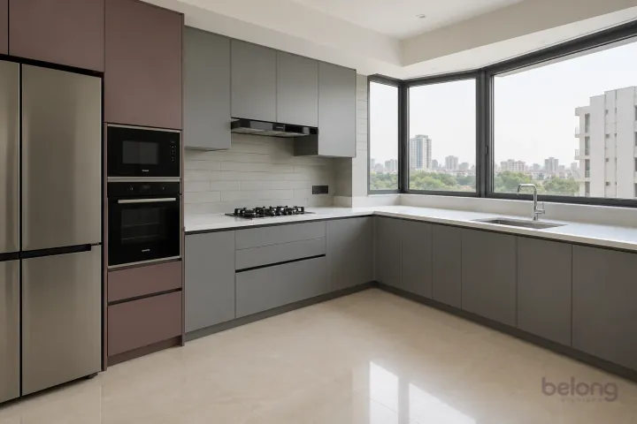 New modern compact L-shaped kitchen in storm grey and muted plum, with white quartz worktops and pale grey rectangular ceramic tiles with slim grout.