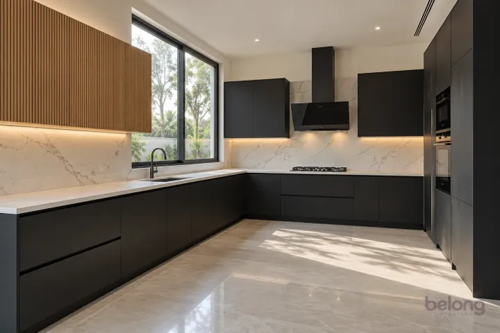 Matte black L with fluted oak uppers, with super-matte black and veined white stone finishes, precise fitted joinery and pristine surfaces in a contemporary Indian home.