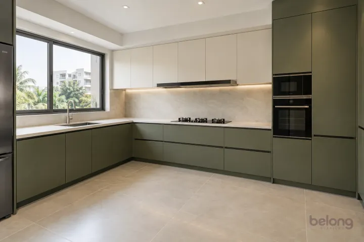 Modern olive and ivory L-shaped apartment kitchen with quartz worktops and a window-lit sink.