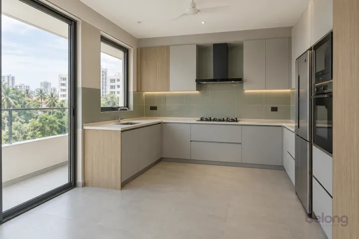 New modern compact L-shaped kitchen in mist grey and light oak, with pale cream quartz worktops and large-format pale sage ceramic tiles.