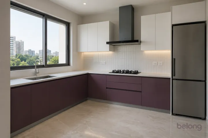 New modern compact L-shaped kitchen in aubergine and porcelain white, with white fine-veined porcelain worktops and white vertical stacked tiles.