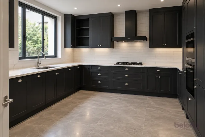Black shaker L-shape with nickel knobs, with soft black and veined white quartz finishes, precise fitted joinery and pristine surfaces in a contemporary Indian home.
