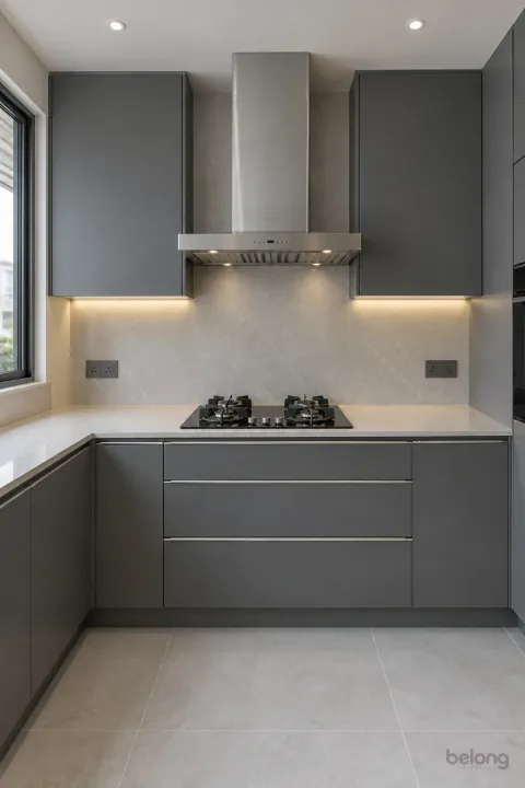 Slate grey hob run with room on both sides, with slate grey and light grey quartz finishes, precise fitted joinery and pristine surfaces in a contemporary Indian home.