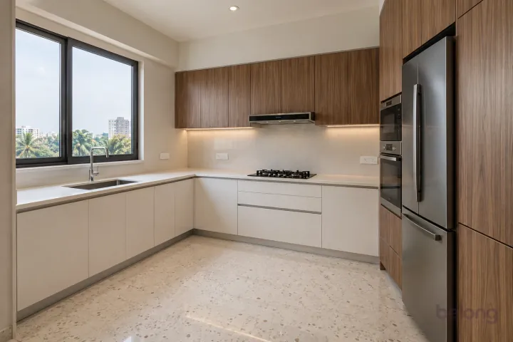 New modern compact L-shaped kitchen in warm white and figured walnut, with plain warm-white quartz worktops and ivory large-format porcelain.
