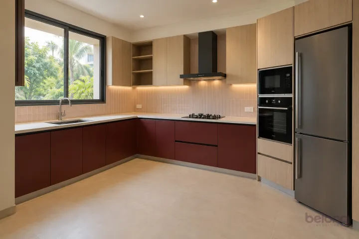 New modern compact L-shaped kitchen in burgundy and pale oak, with warm-white solid surface worktops and pale blush rectangular tiles in stacked rows.