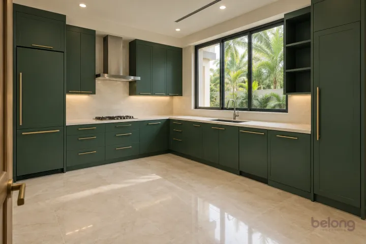 Bottle green L with panelled appliances, with bottle green and warm white stone finishes, precise fitted joinery and pristine surfaces in a contemporary Indian home.